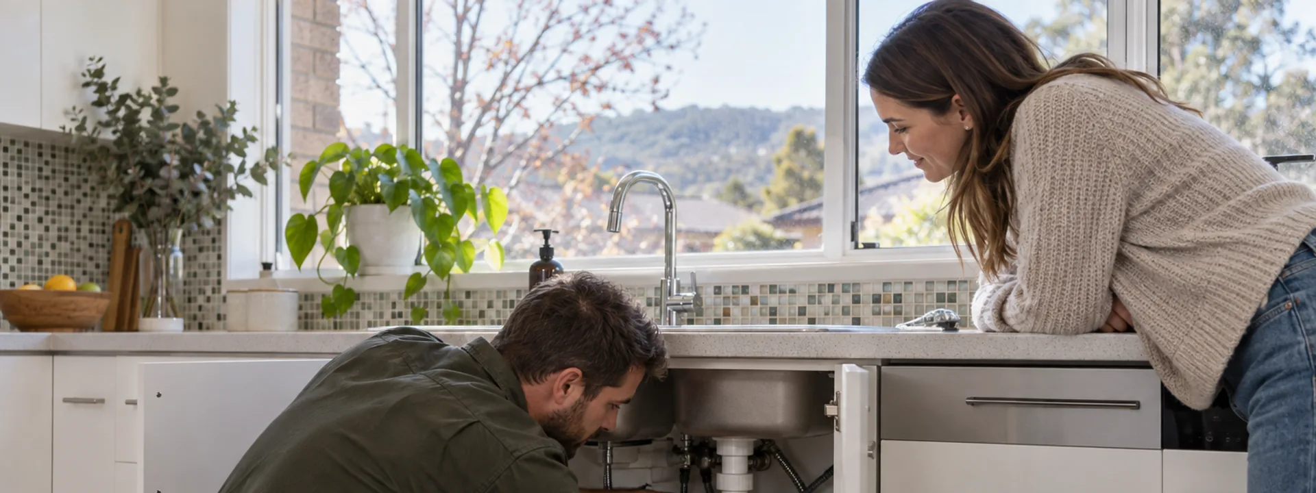 Plumber working under a kitchen sink while the homeowner watches