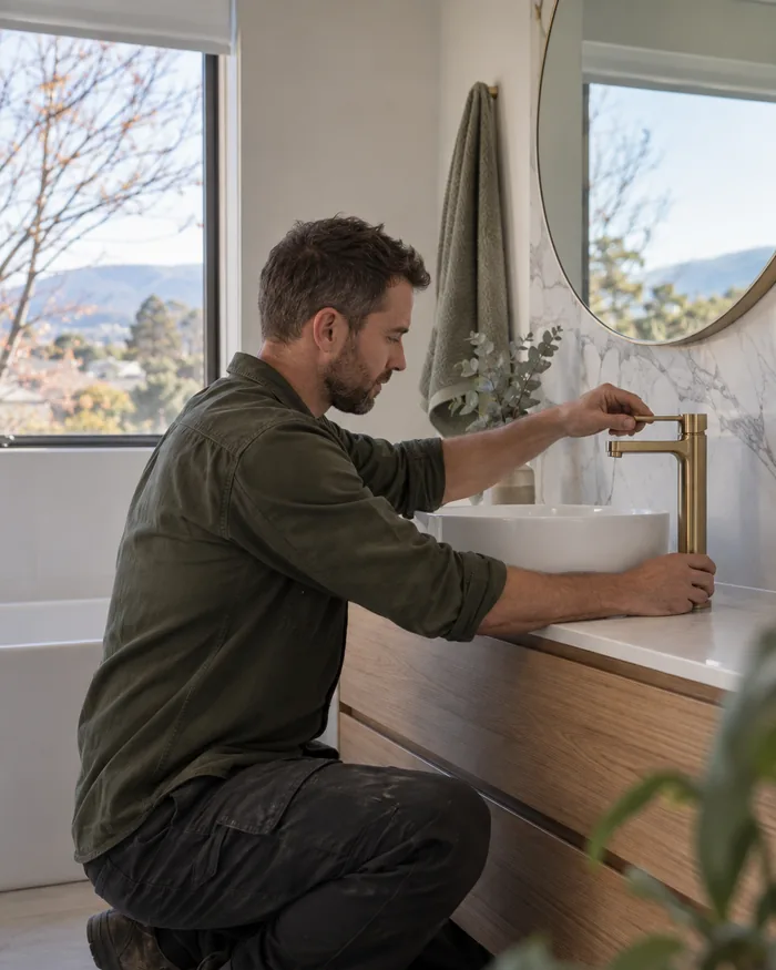 Bathroom vanity with a brushed brass mixer tap