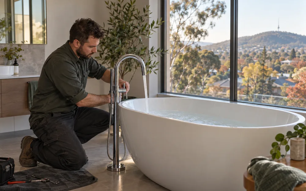 Freestanding bath filling from a floor-mounted tap