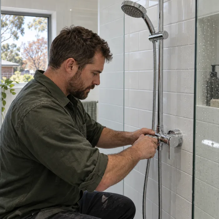Chrome shower mixer on white tiles
