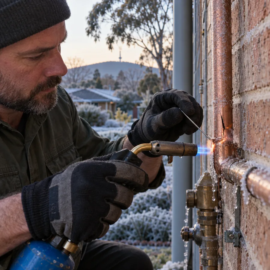 Split copper pipe being repaired on a frosty morning