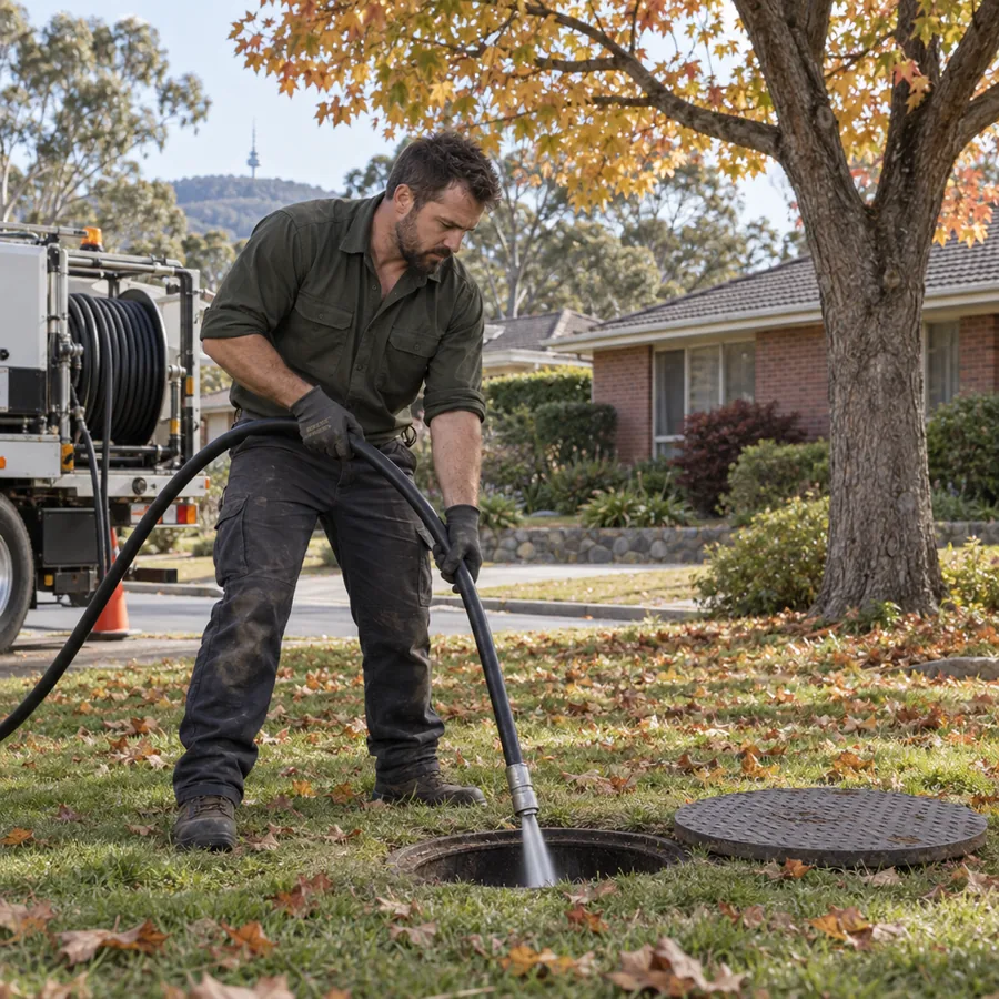 Drain jetting hose going into a sewer inspection opening